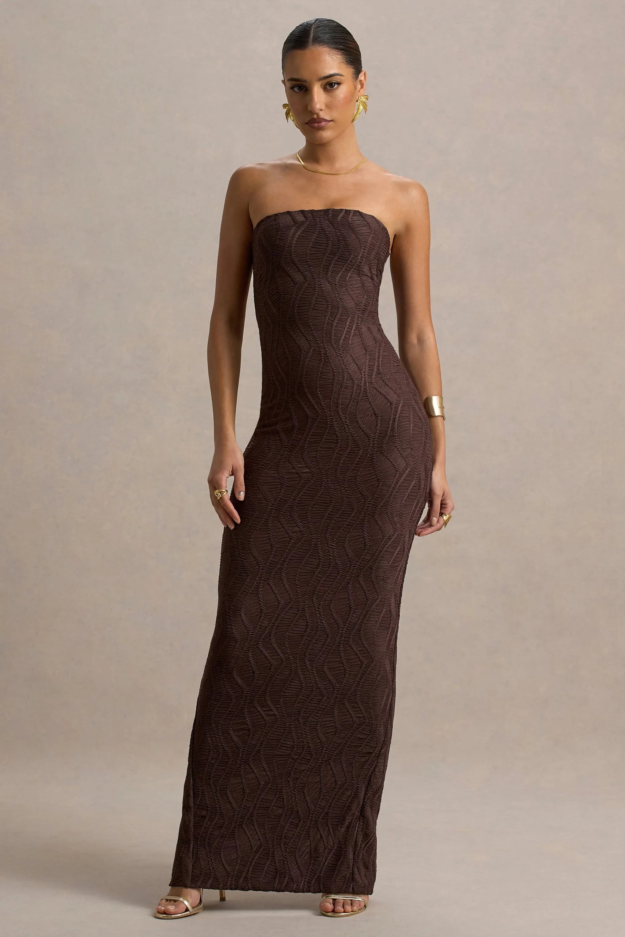 Lorela Brown Bodycon Bandeau Maxi Dress