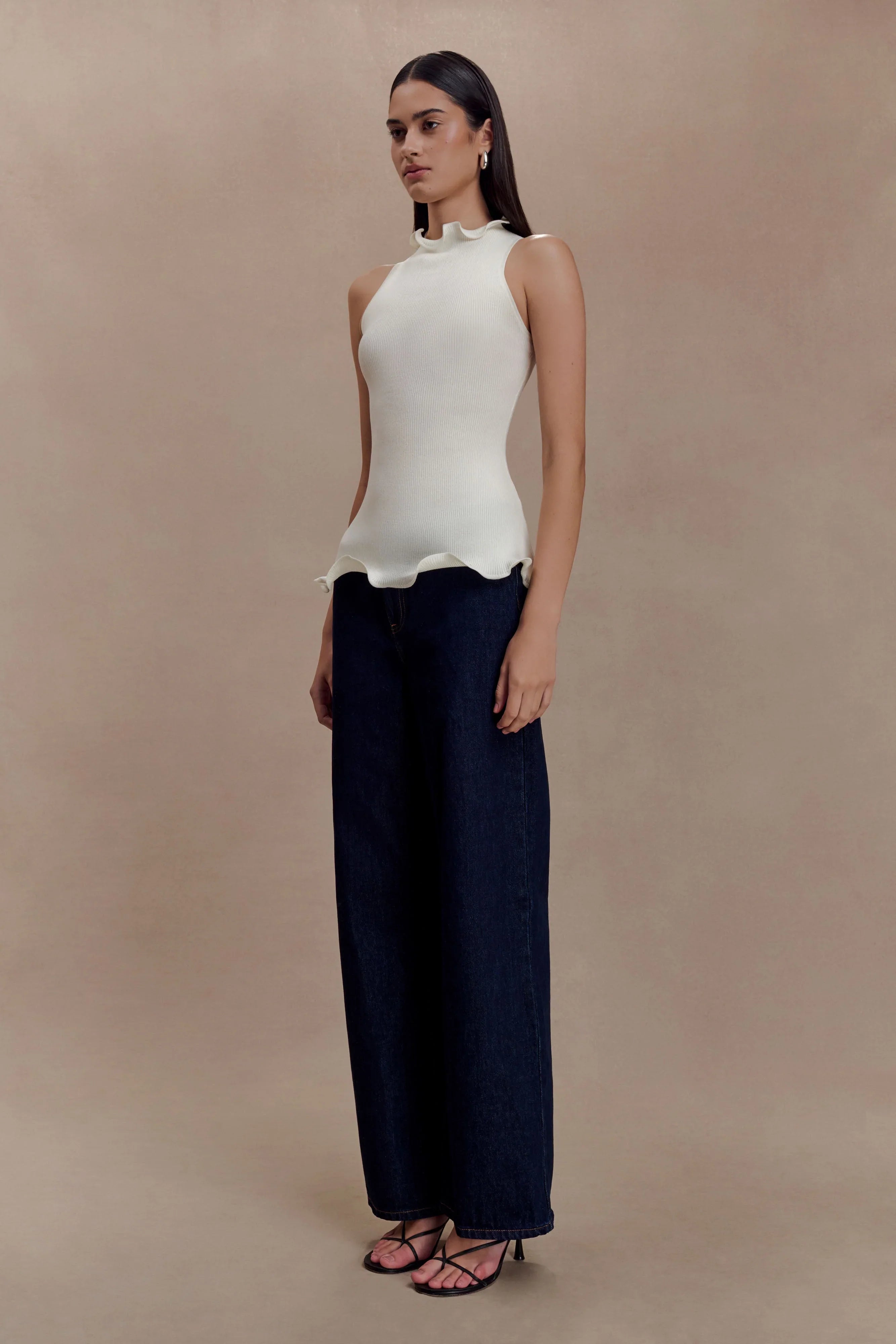 Diya Ribbed Sleeveless Top With Wire Hem Ivory