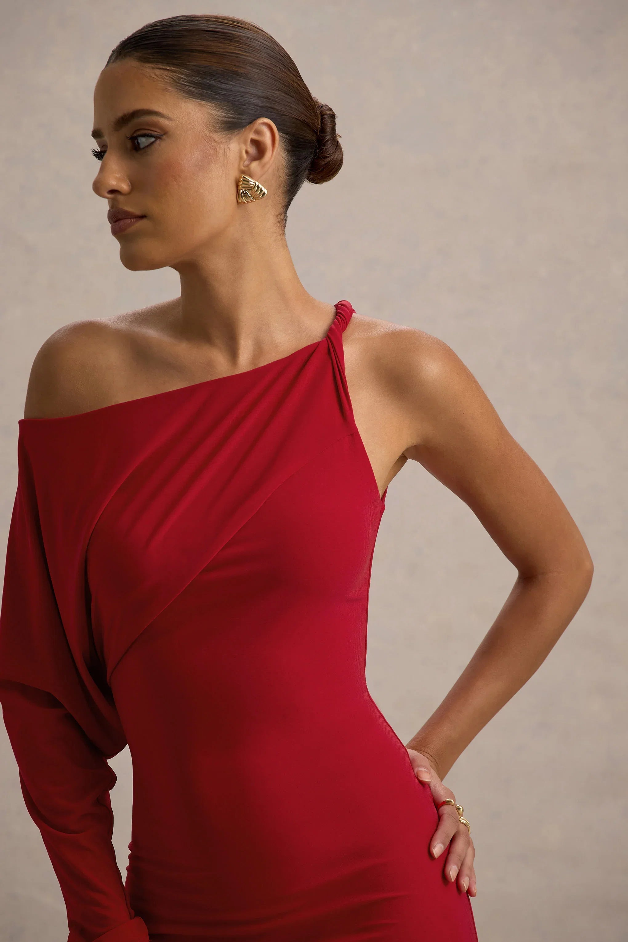 Floria Red Draped One Sleeve Maxi Dress