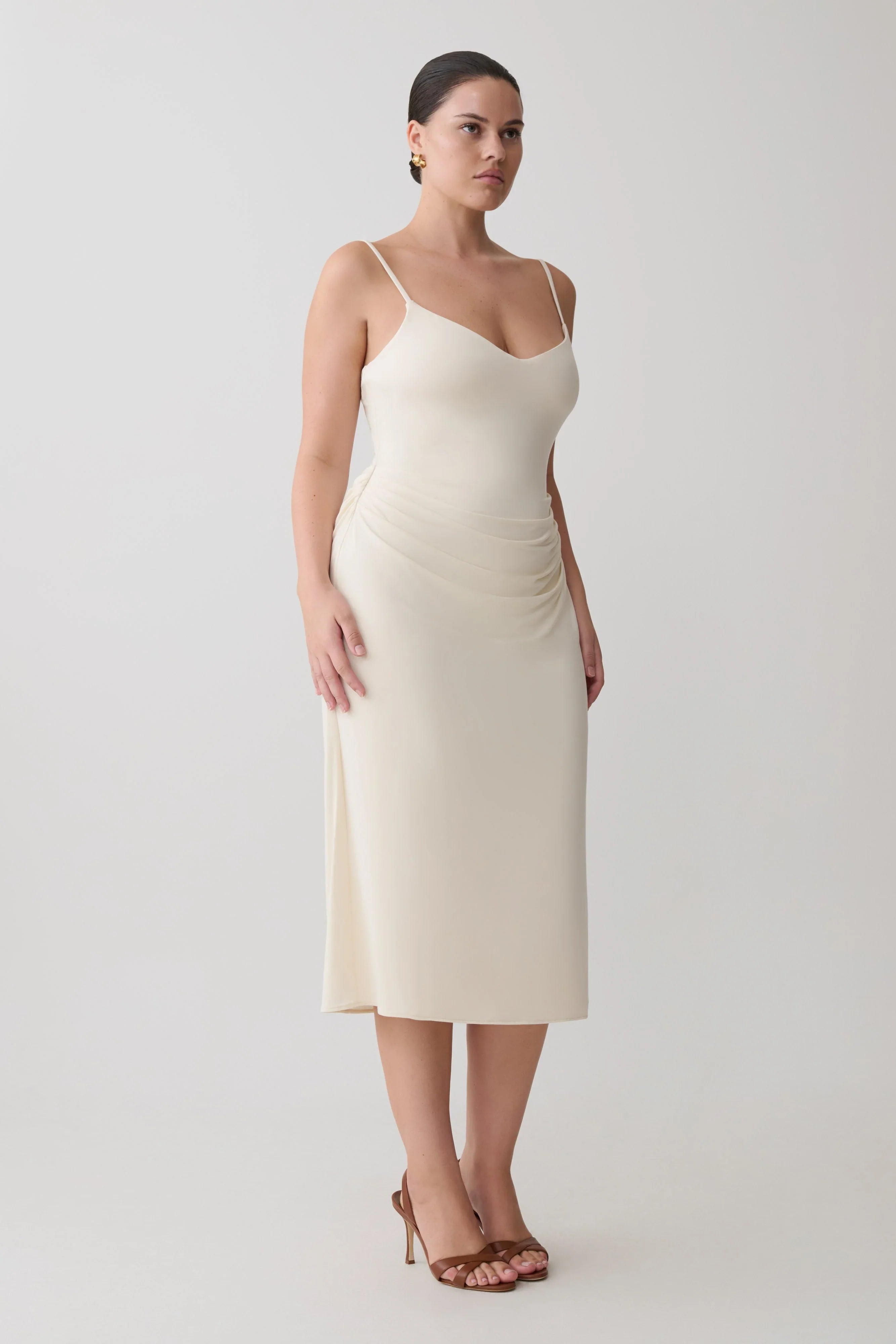Vina Gathered Jersey Midi Dress Ivory