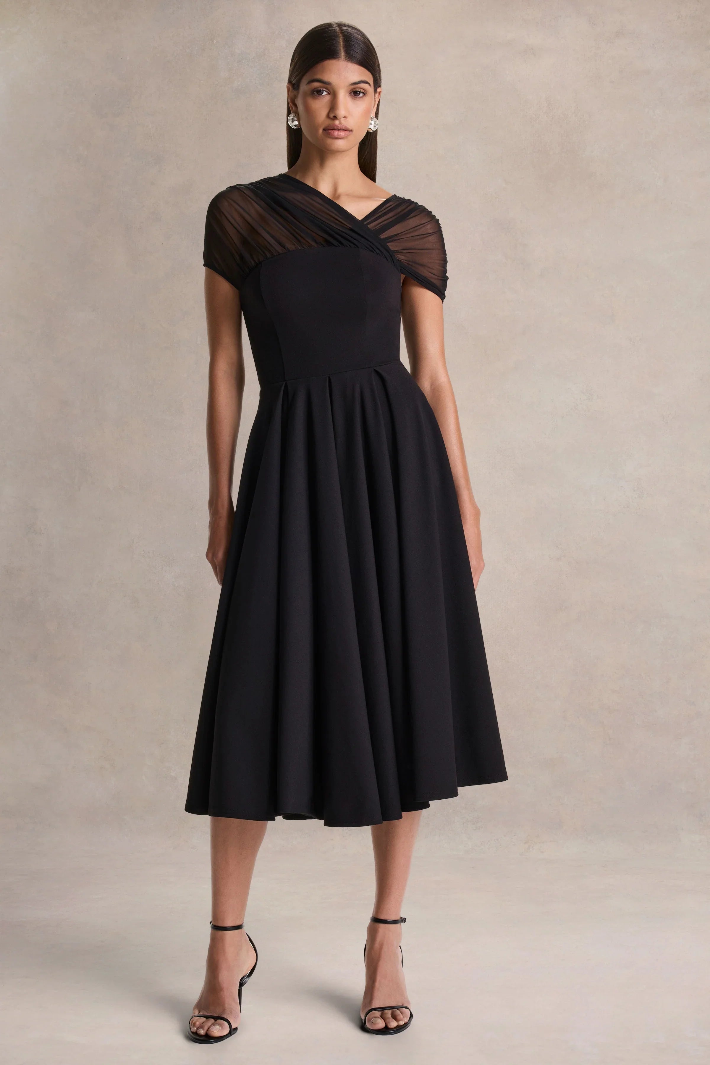 Rosette Black Asymmetric Neck Midi Dress
