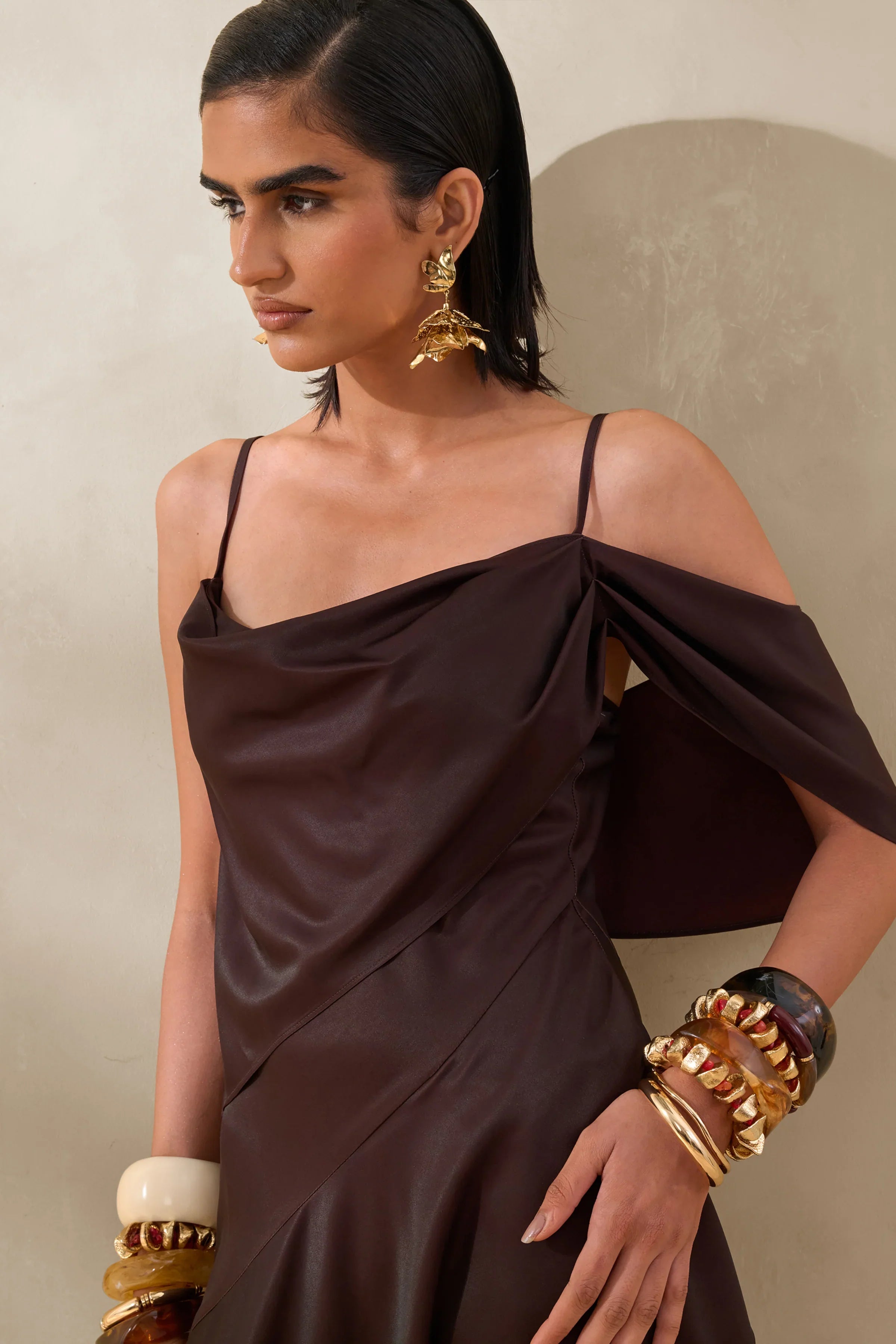 Helira Brown Asymmetric Midi Dress With Draping Detailing and Open Back