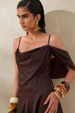 Helira Brown Asymmetric Midi Dress With Draping Detailing and Open Back