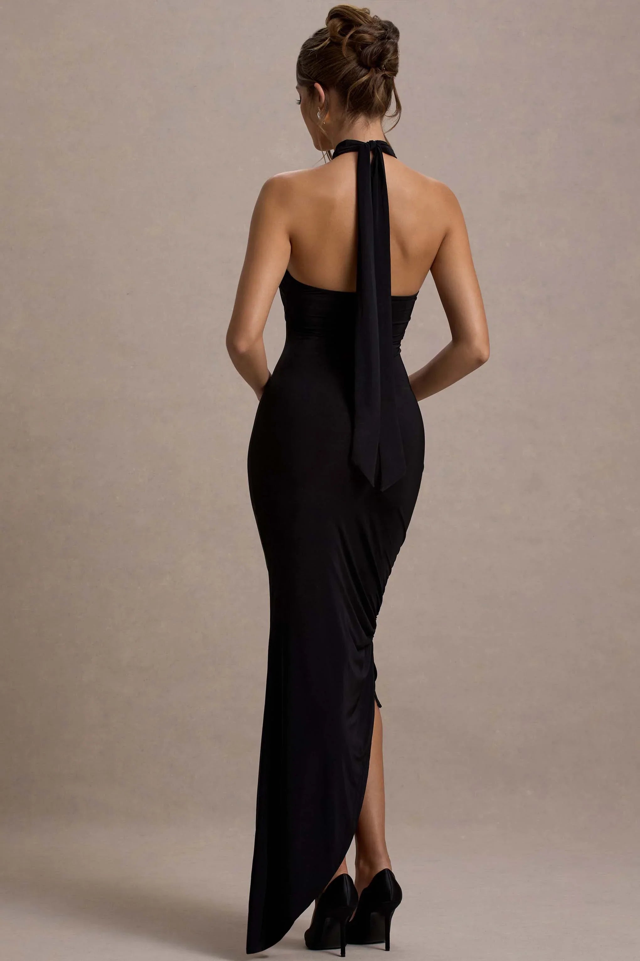 Jaiya Black Ruched Halter Neck Asymmetric Maxi Dress