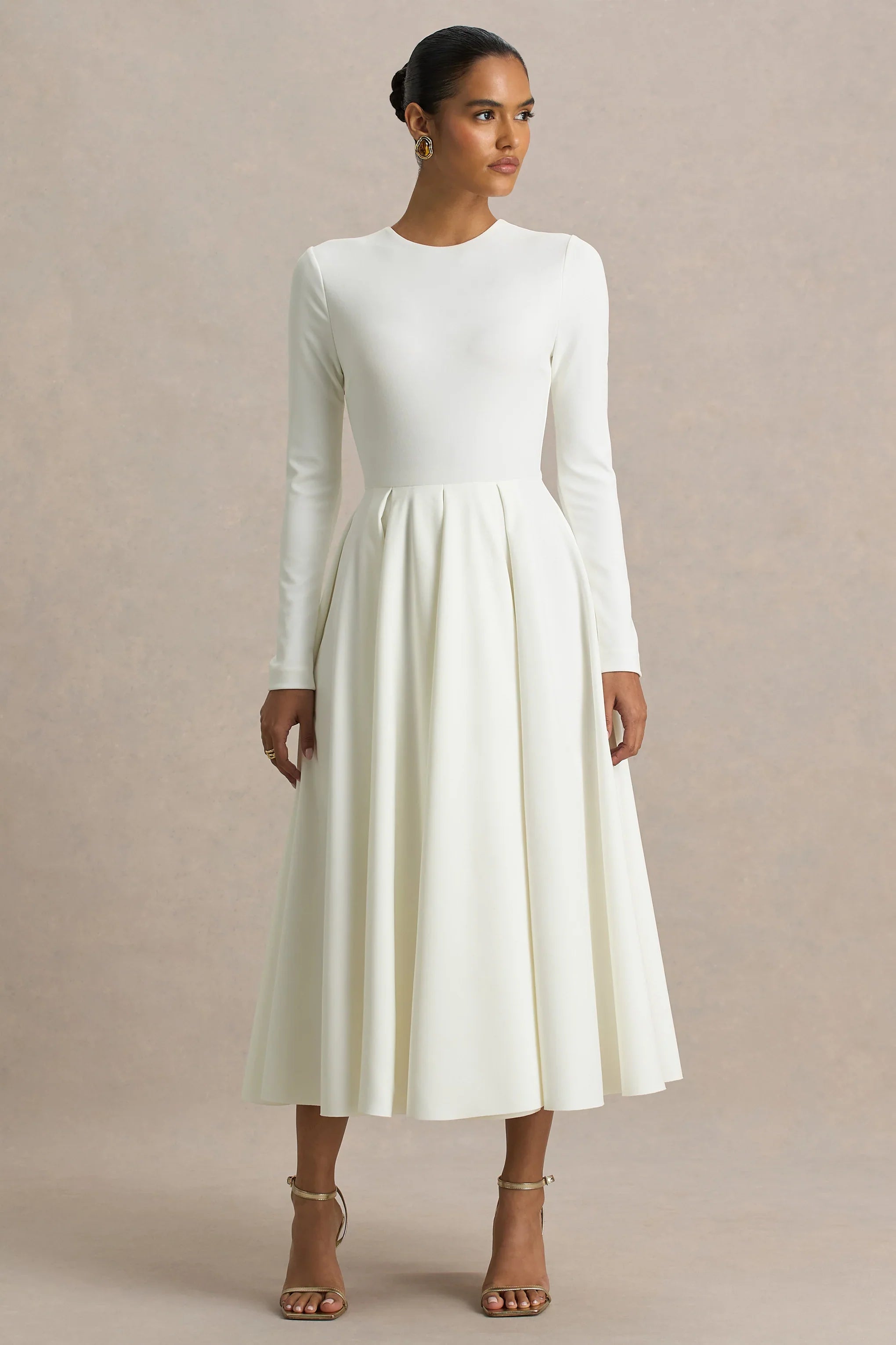 Bellamy Cream Crew Neck Long Sleeve Midi Dress