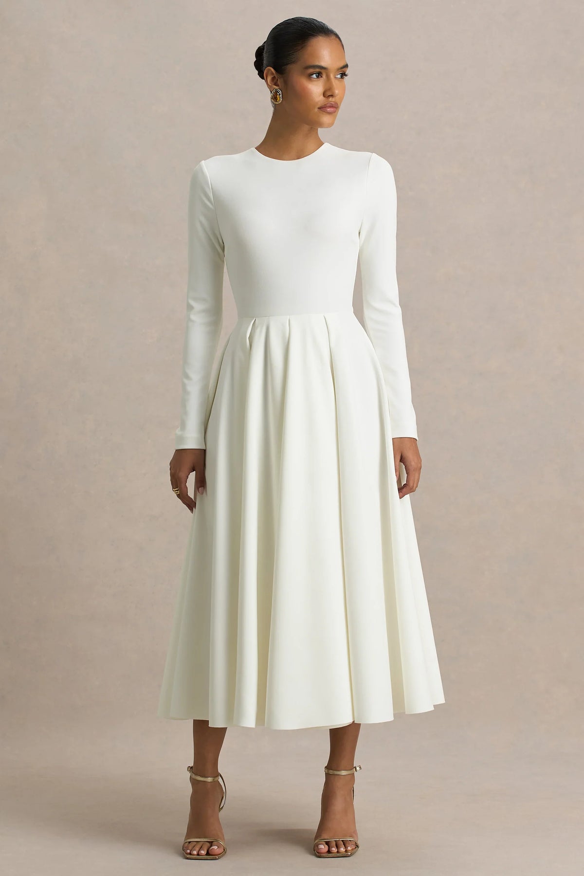 Bellamy Cream Crew Neck Long Sleeve Midi Dress