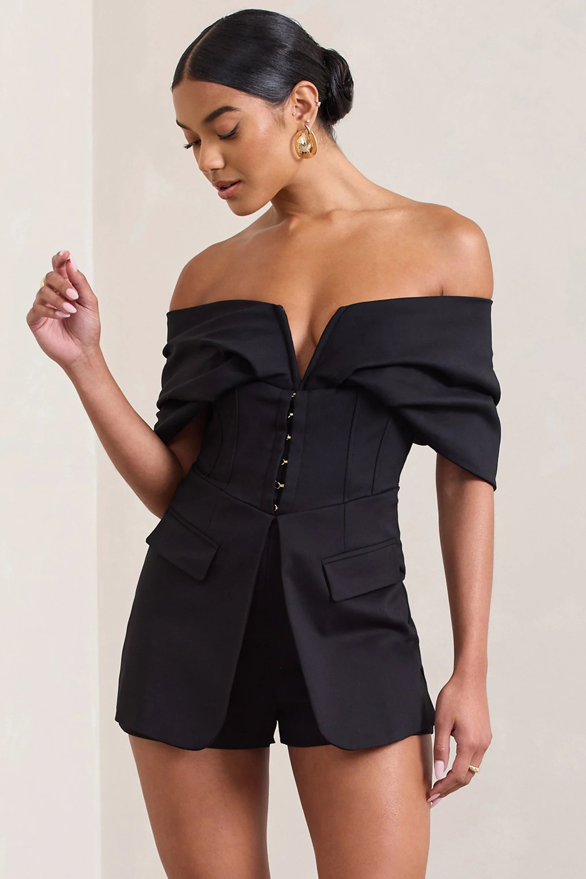 Damsel Black Cotton Blend Corset Bardot Playsuit