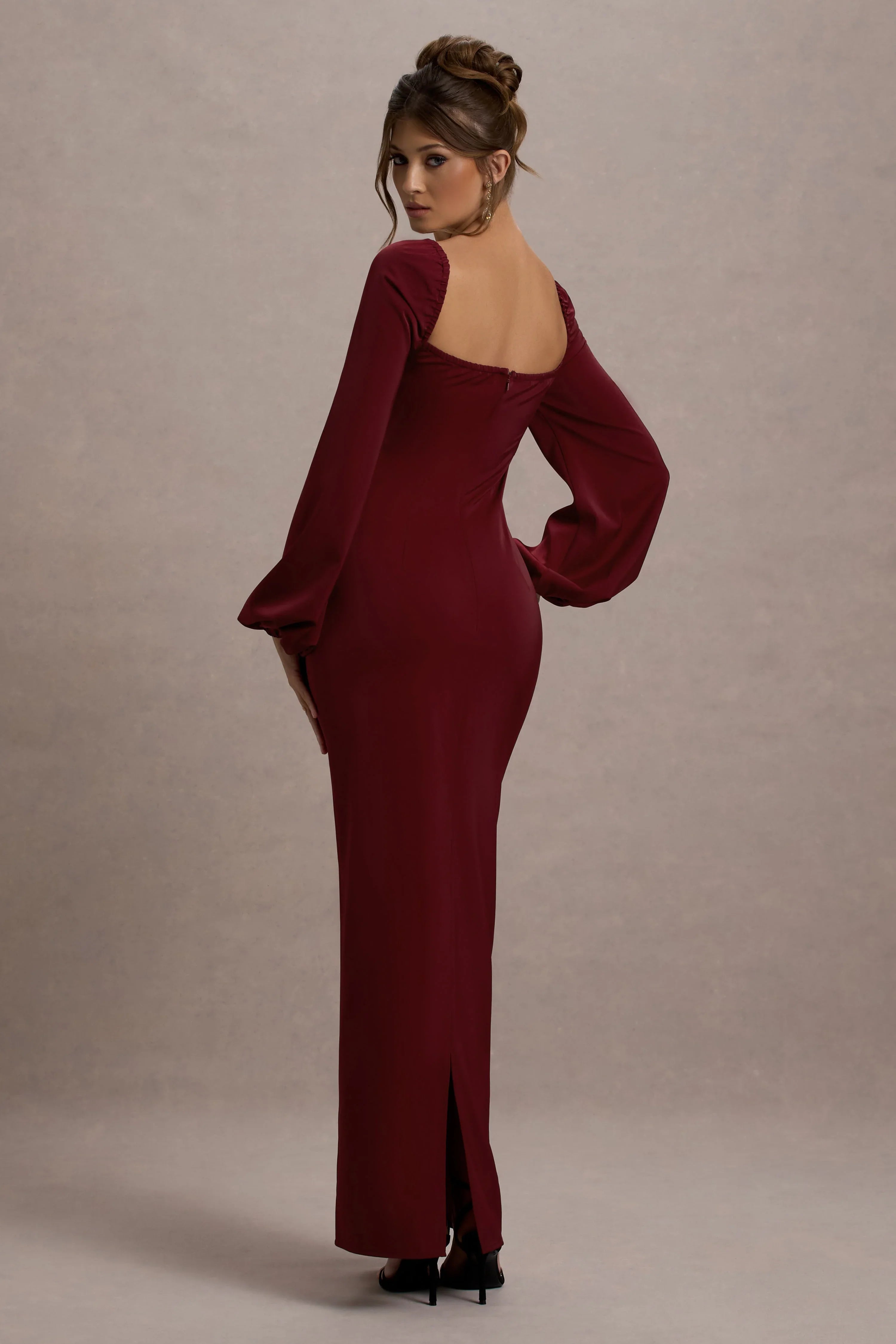 Nika Berry Satin Square Neck Balloon Sleeve Maxi Dress