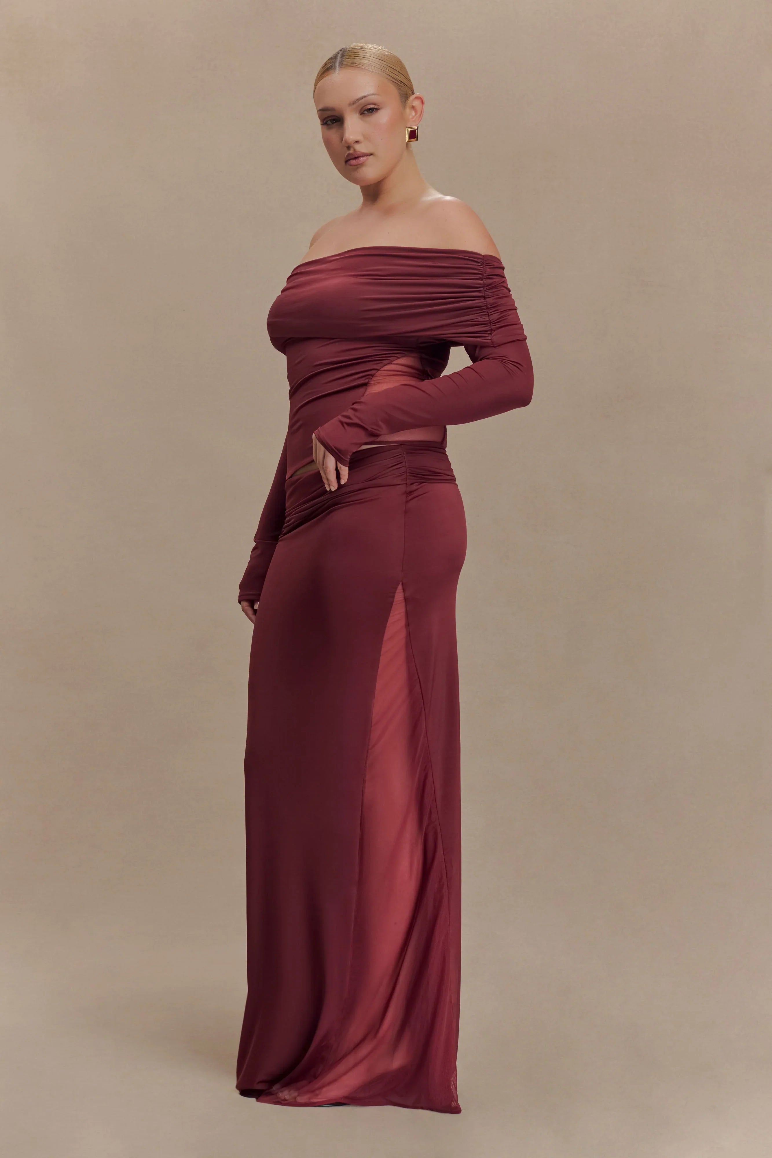 Judy Slinky And Mesh Maxi Skirt Wine