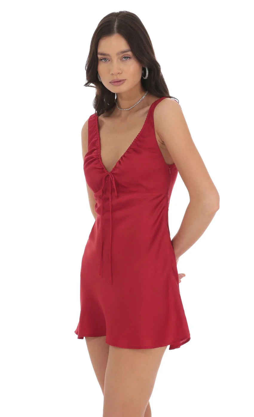 Satin V Neck Dress in Red