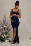 Avril Navy Square Neck Maternity Maxi Dress with Split