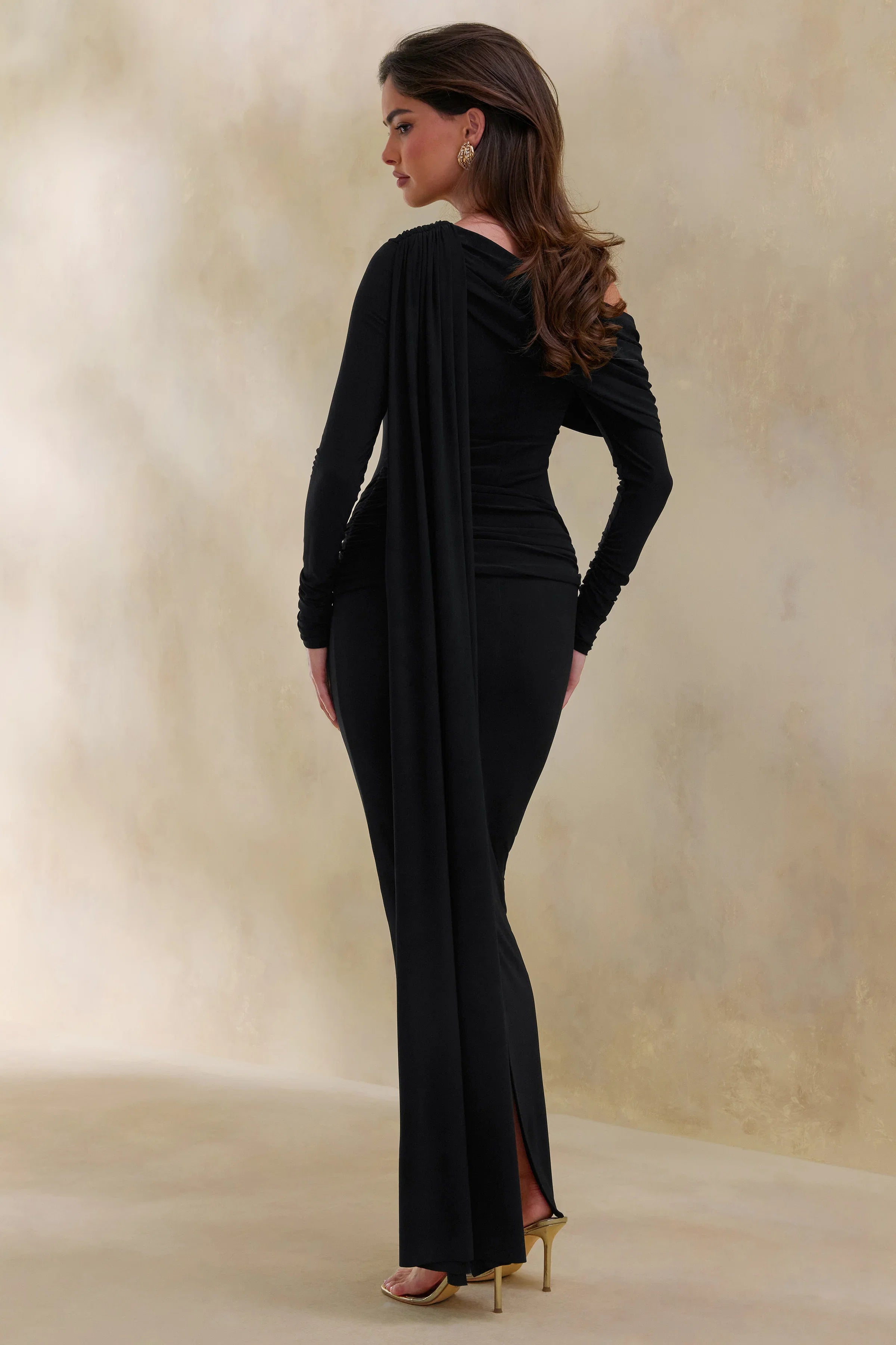 Bessy Black Asymmetric Neck Maxi Dress With Gathered Detailing And Sash