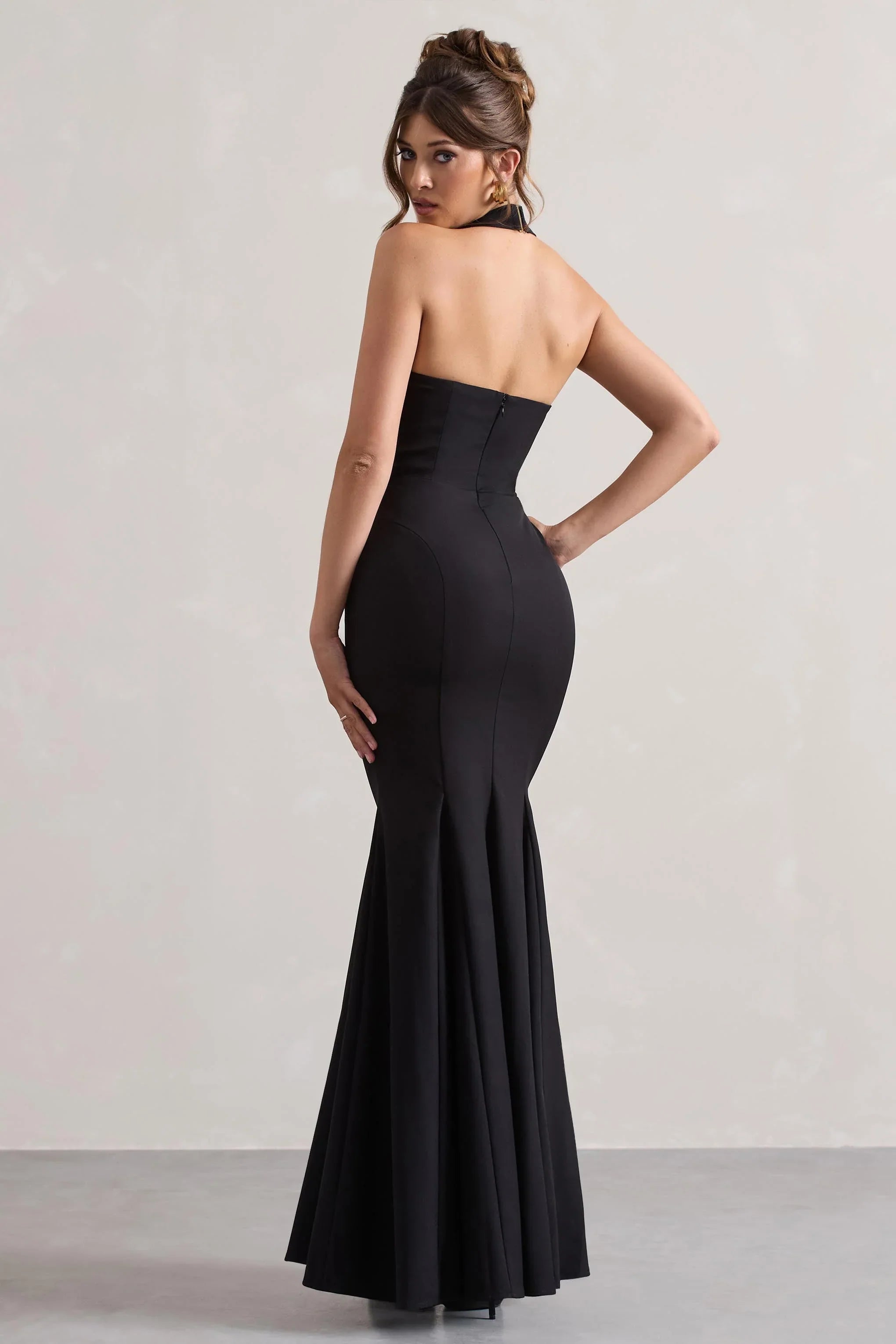 Plaza Black Plunge Halter Neck Fishtail Maxi Dress
