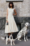 Fantasia Cream Boat Neck Midi Dress With Asymmetric Drop Waist
