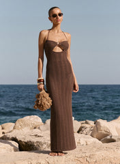 Chocolate Cut Out Knitted Halterneck Maxi Dress