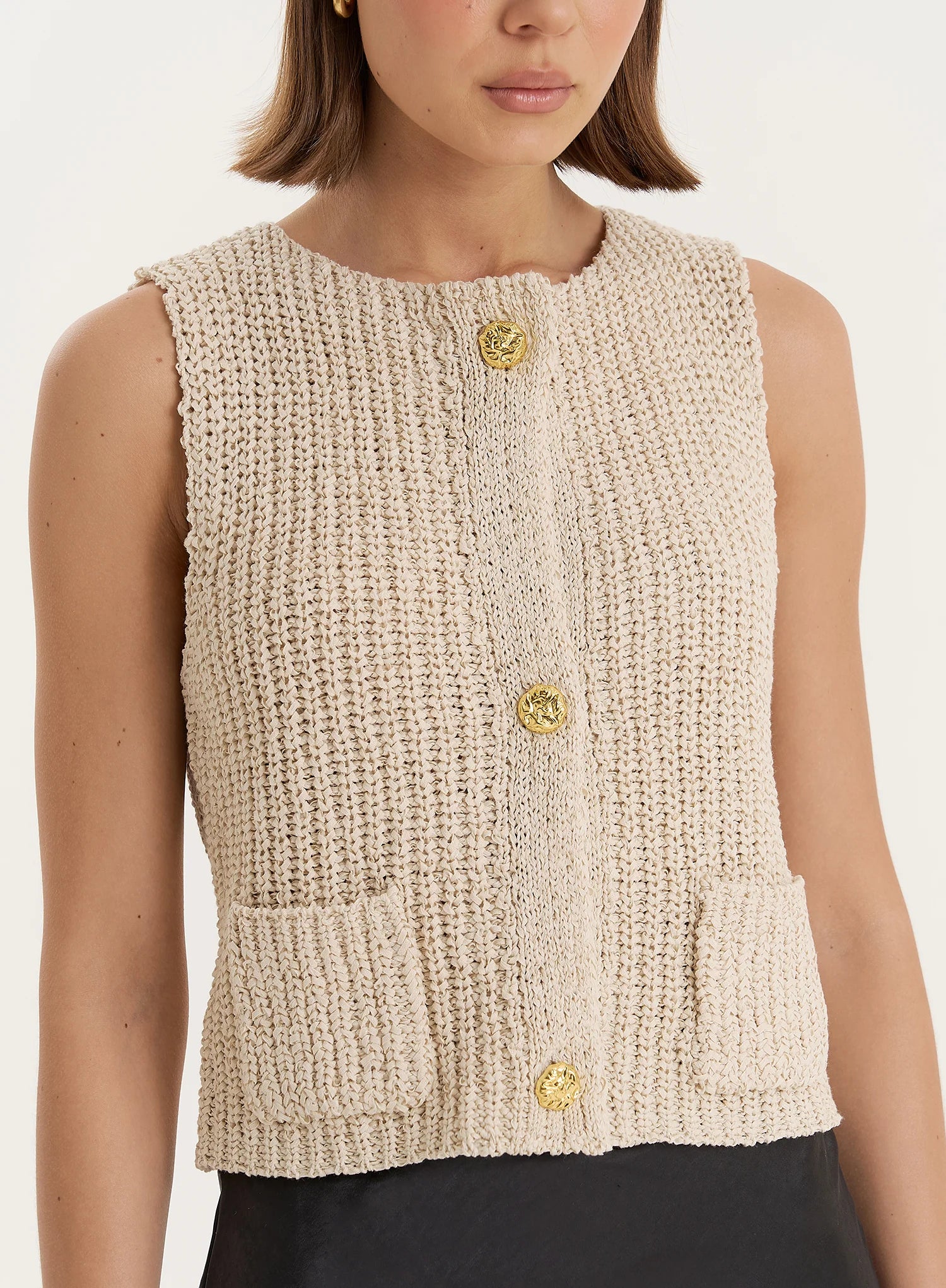 Beige Boucle Knit Sleeveless Waistcoat
