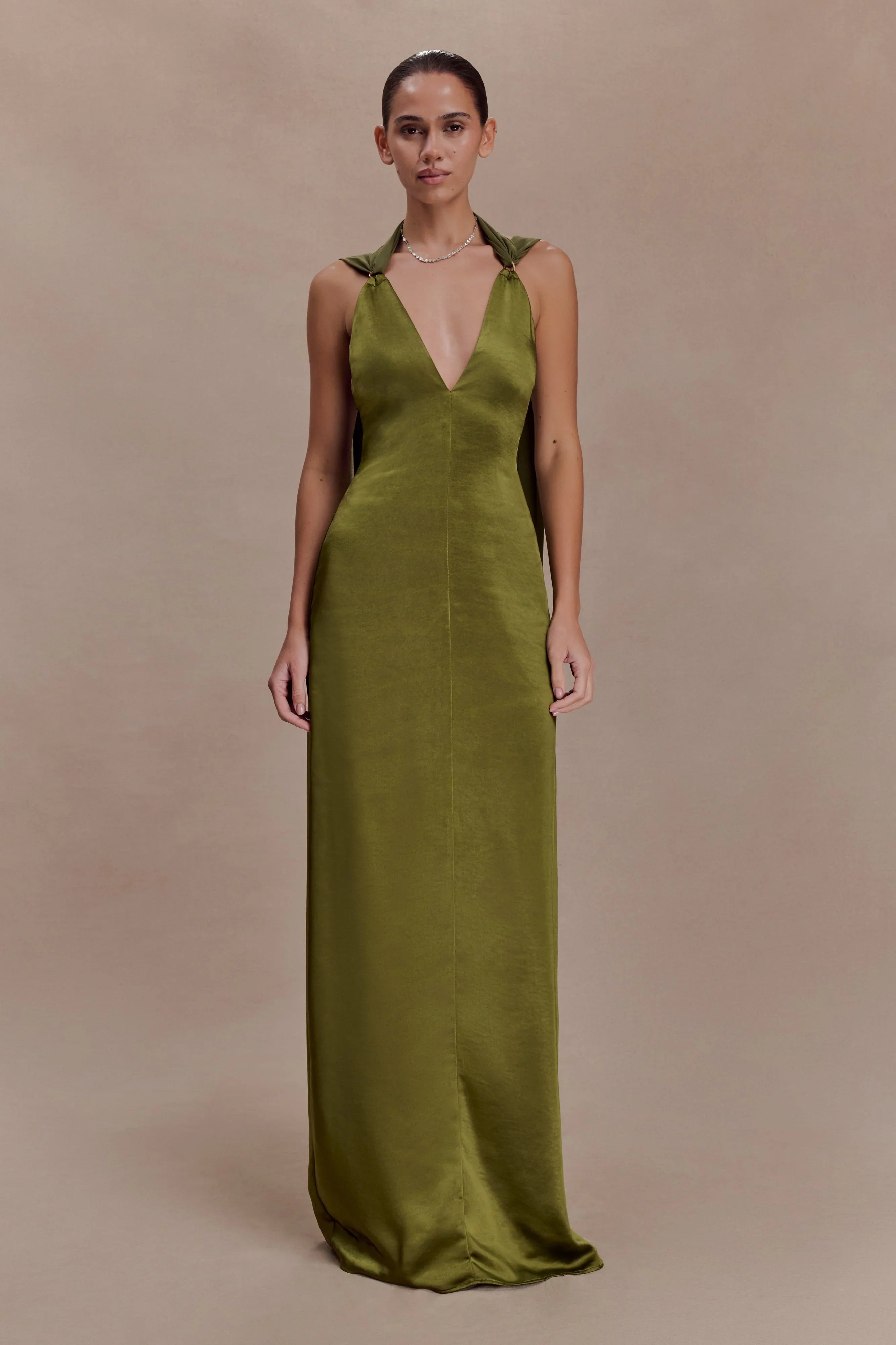 Myla Draped Shoulders Satin Maxi Dress Khaki