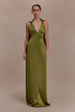 Myla Draped Shoulders Satin Maxi Dress Khaki