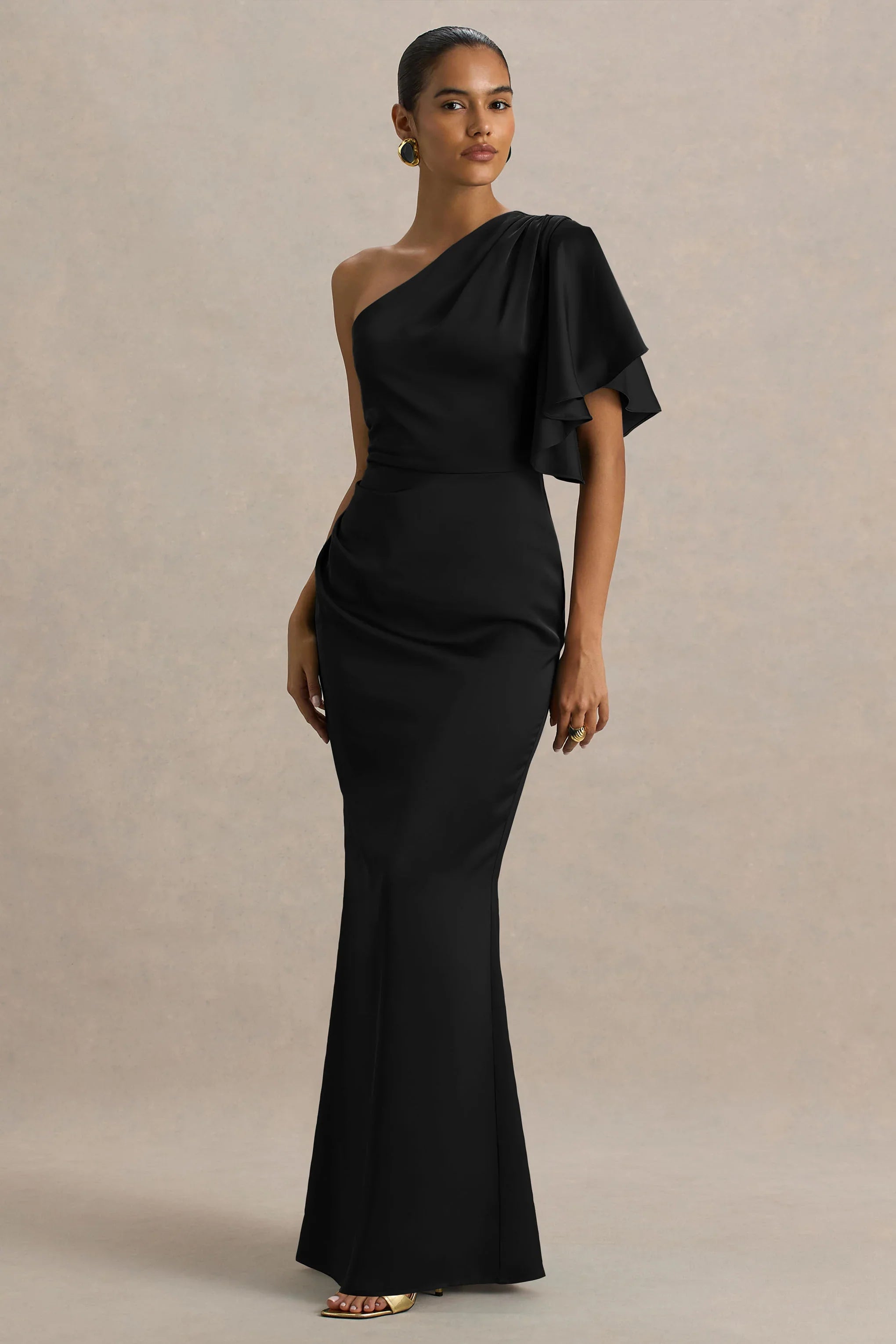 Unforgettable Black Asymmetric Neck Maxi Dress With Ruffled Detailing
