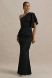 Unforgettable Black Asymmetric Neck Maxi Dress With Ruffled Detailing