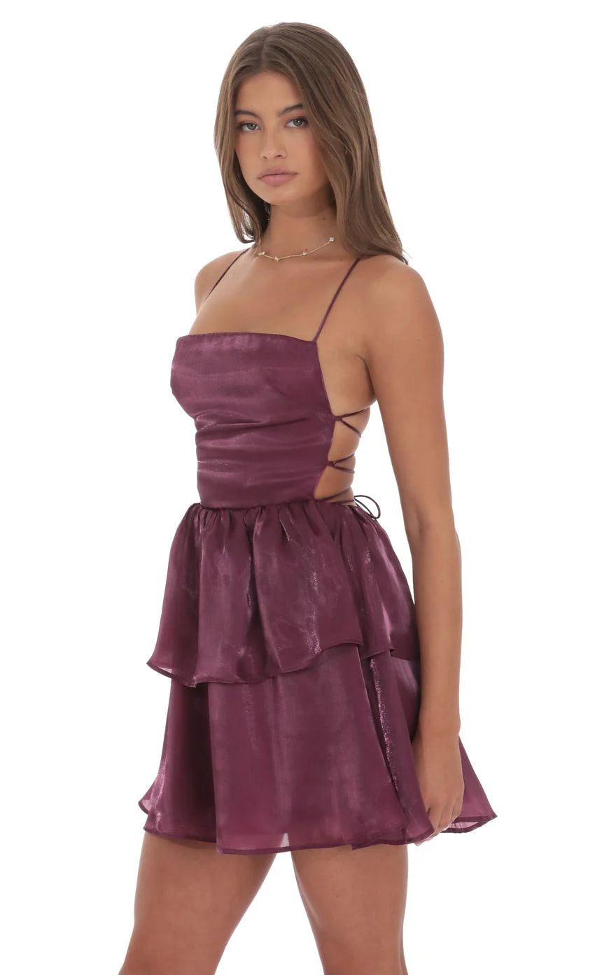Sheen Ruffle Lace Up Dress in Plum
