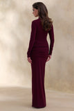 Ambrette Dark Plum High Neck Maxi Dress With Gathered Detailing