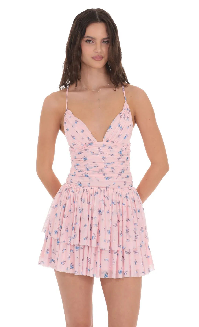 Floral Mesh Tiered Dress in Pink