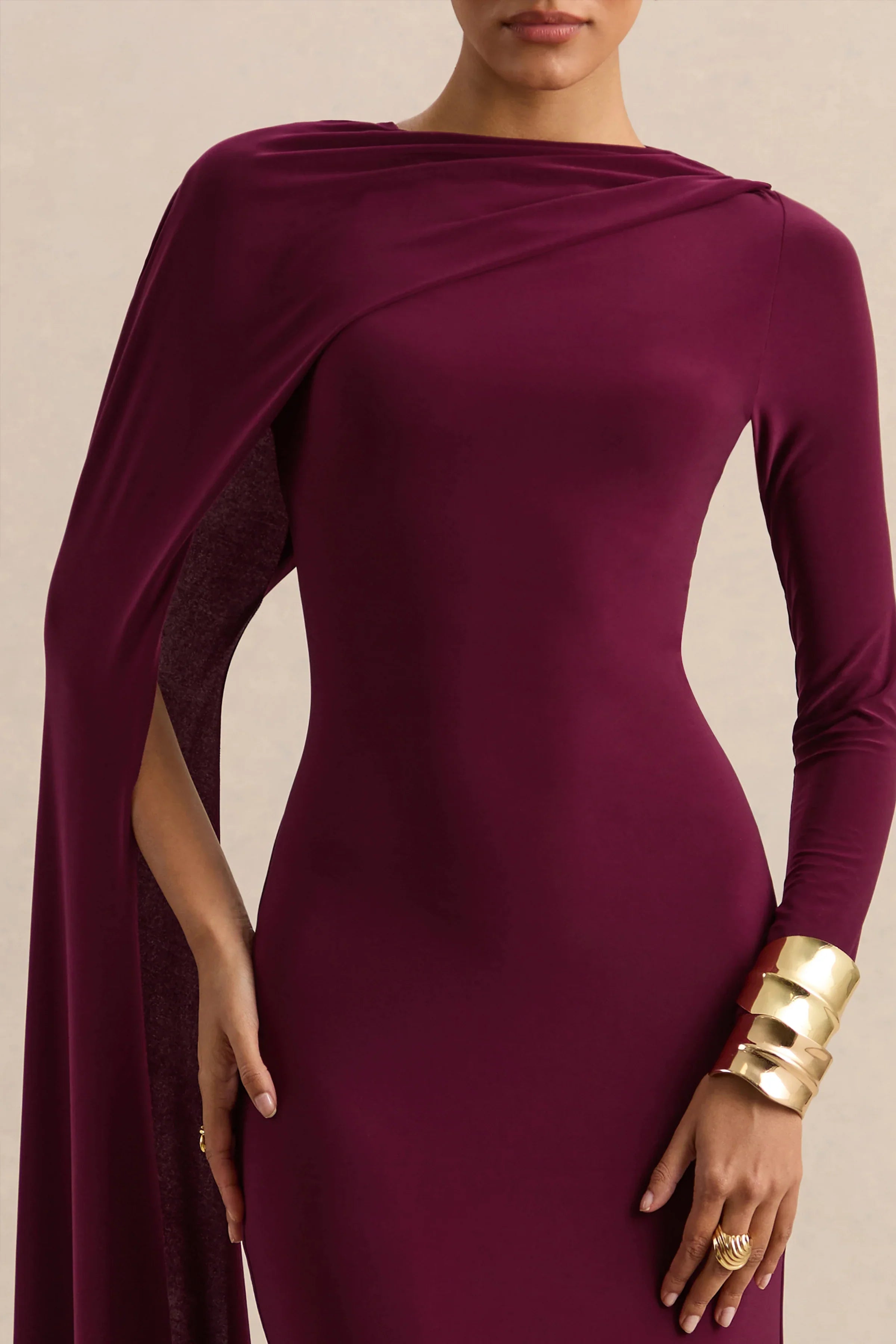 Halina Burgundy High Neck Maxi Dress With Cape Sleeve