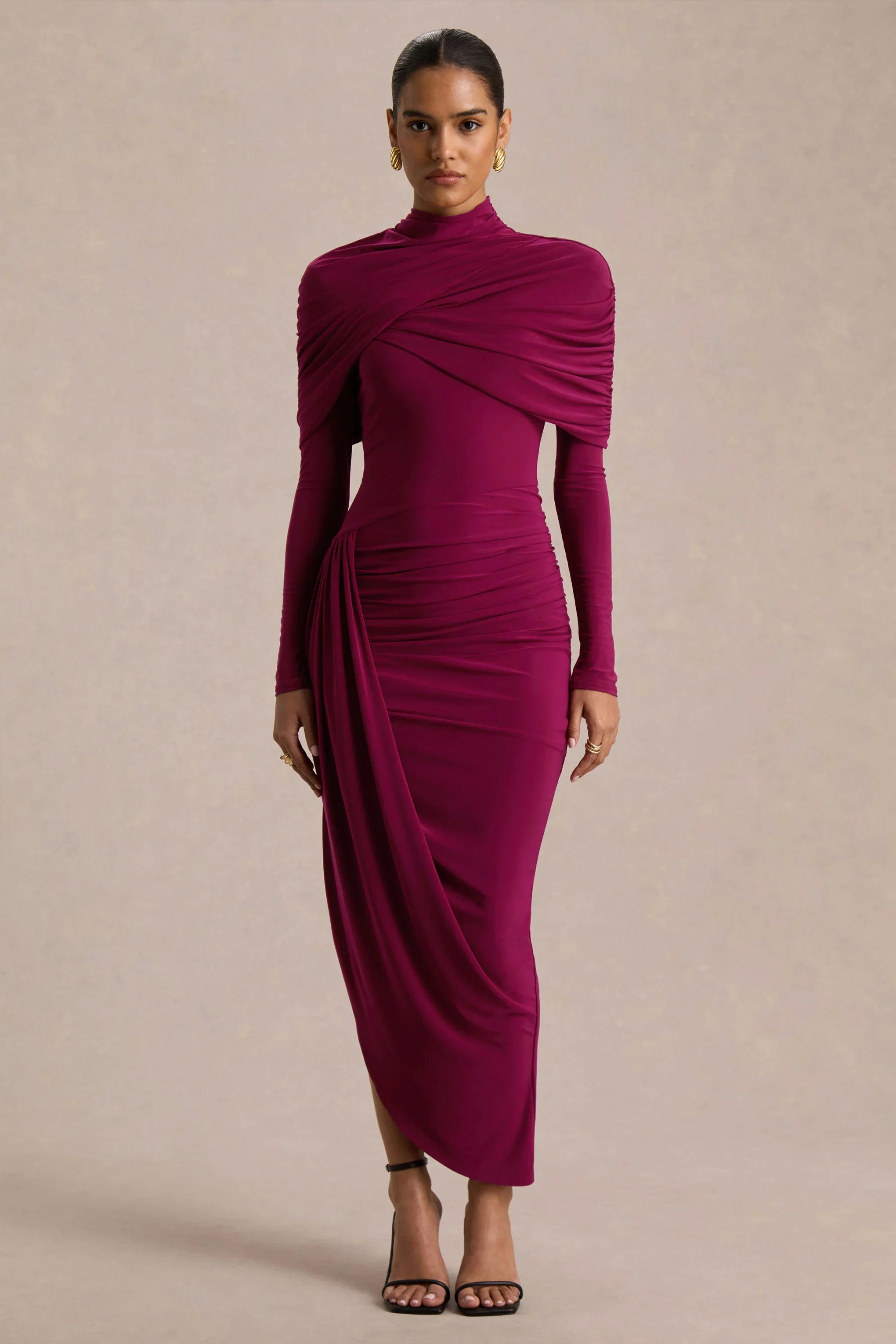 Aneira Burgundy High Neck Maxi Dress With Cape Sleeves