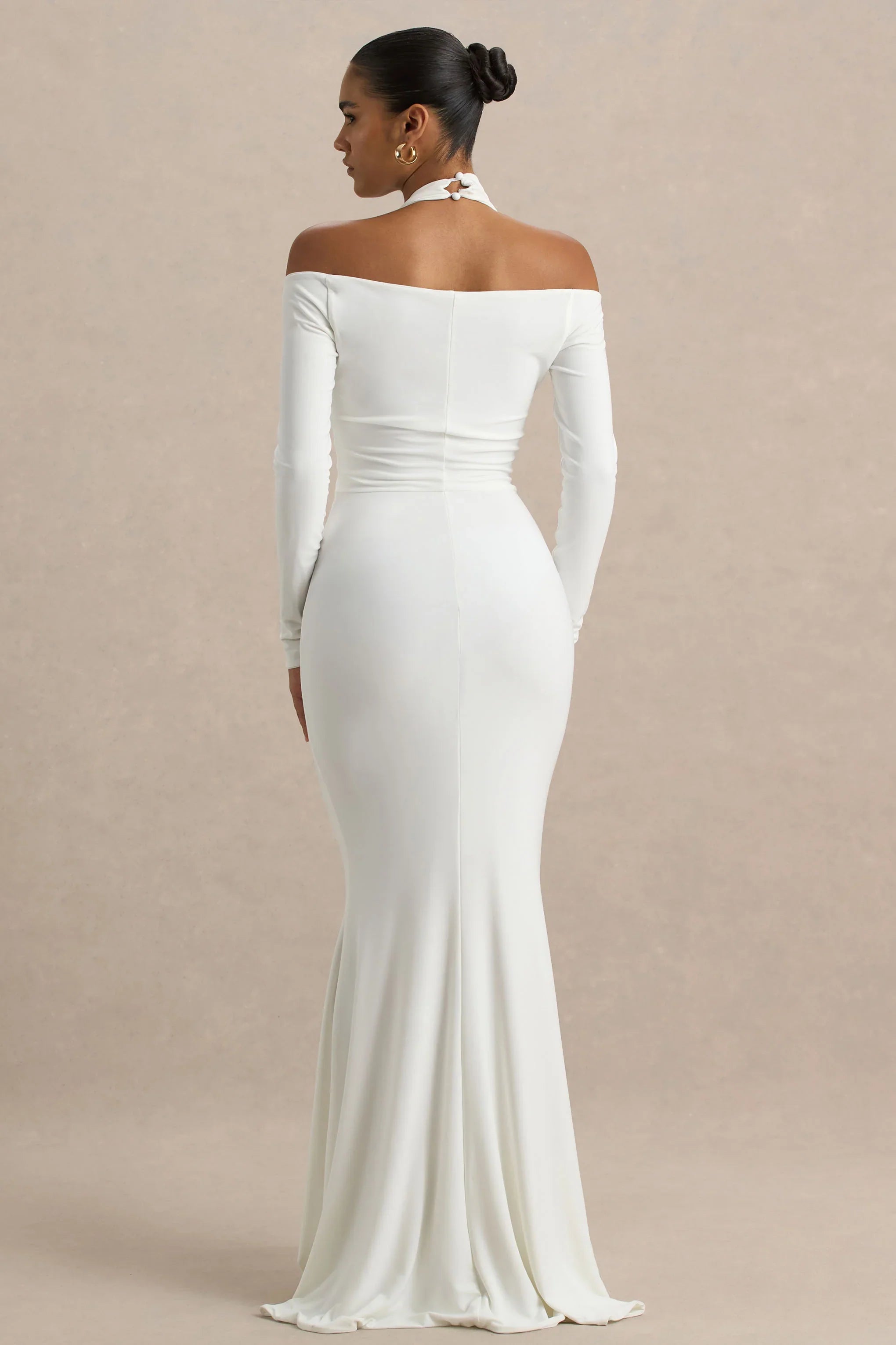 Living High White Halter Neck Maxi Dress With Long Sleeves