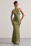 Unbeatable Olive Satin Cross Over Halter Neck Maxi Dress