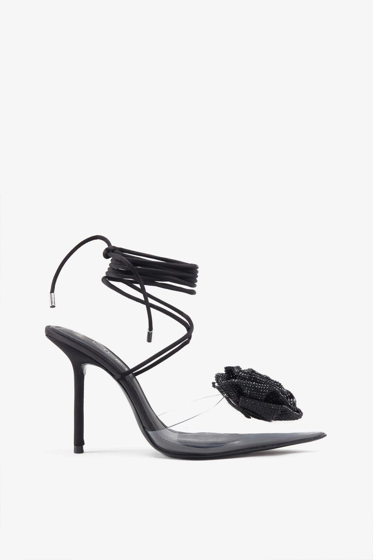 Sharpened Black Lace Up Clear Stiletto Heels With Diamante Flowers