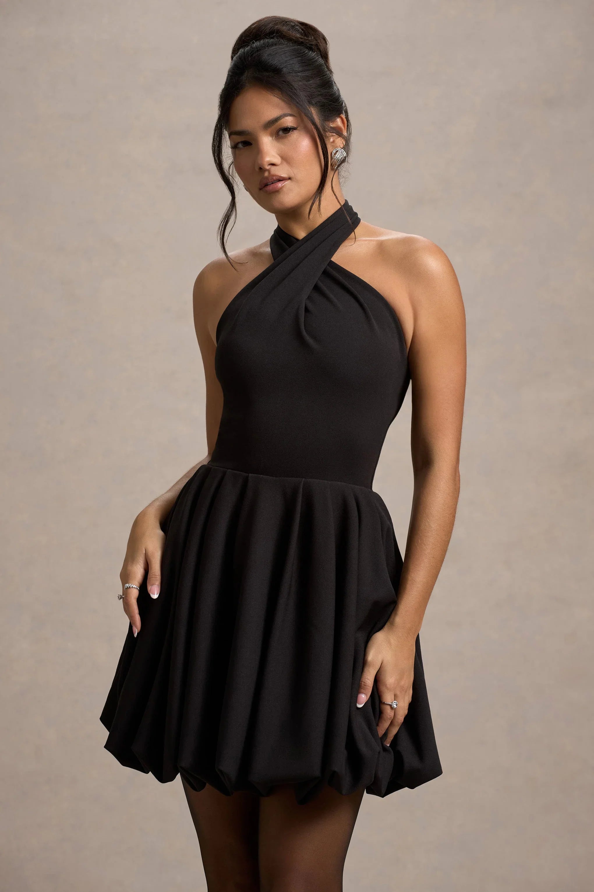 Klytie Black Halter Neck Mini Dress With Puff Ball Skirt
