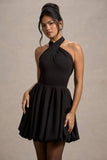 Klytie Black Halter Neck Mini Dress With Puff Ball Skirt