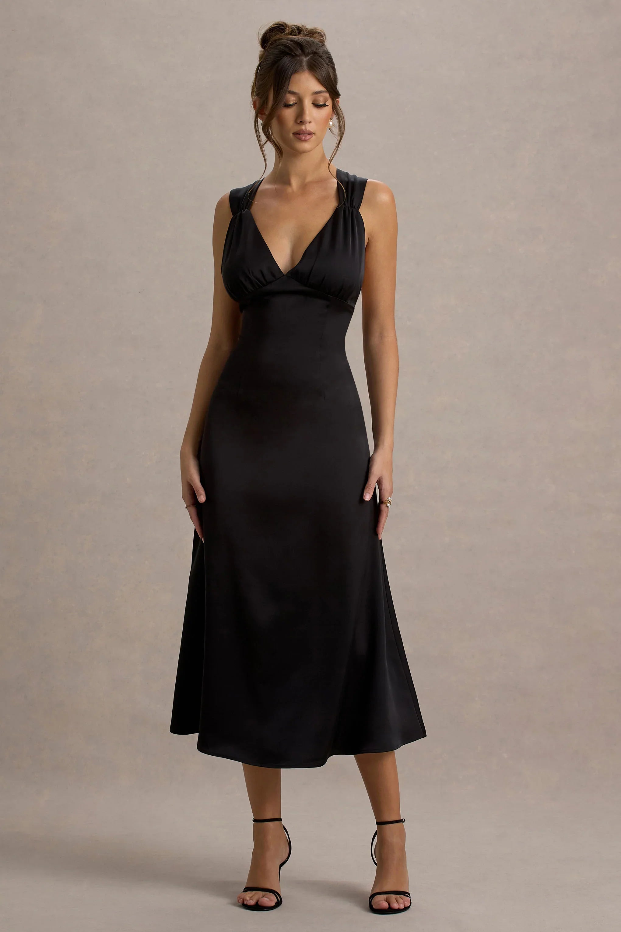 Beck Black Satin Plunge Neck Cross Back Midi Dress