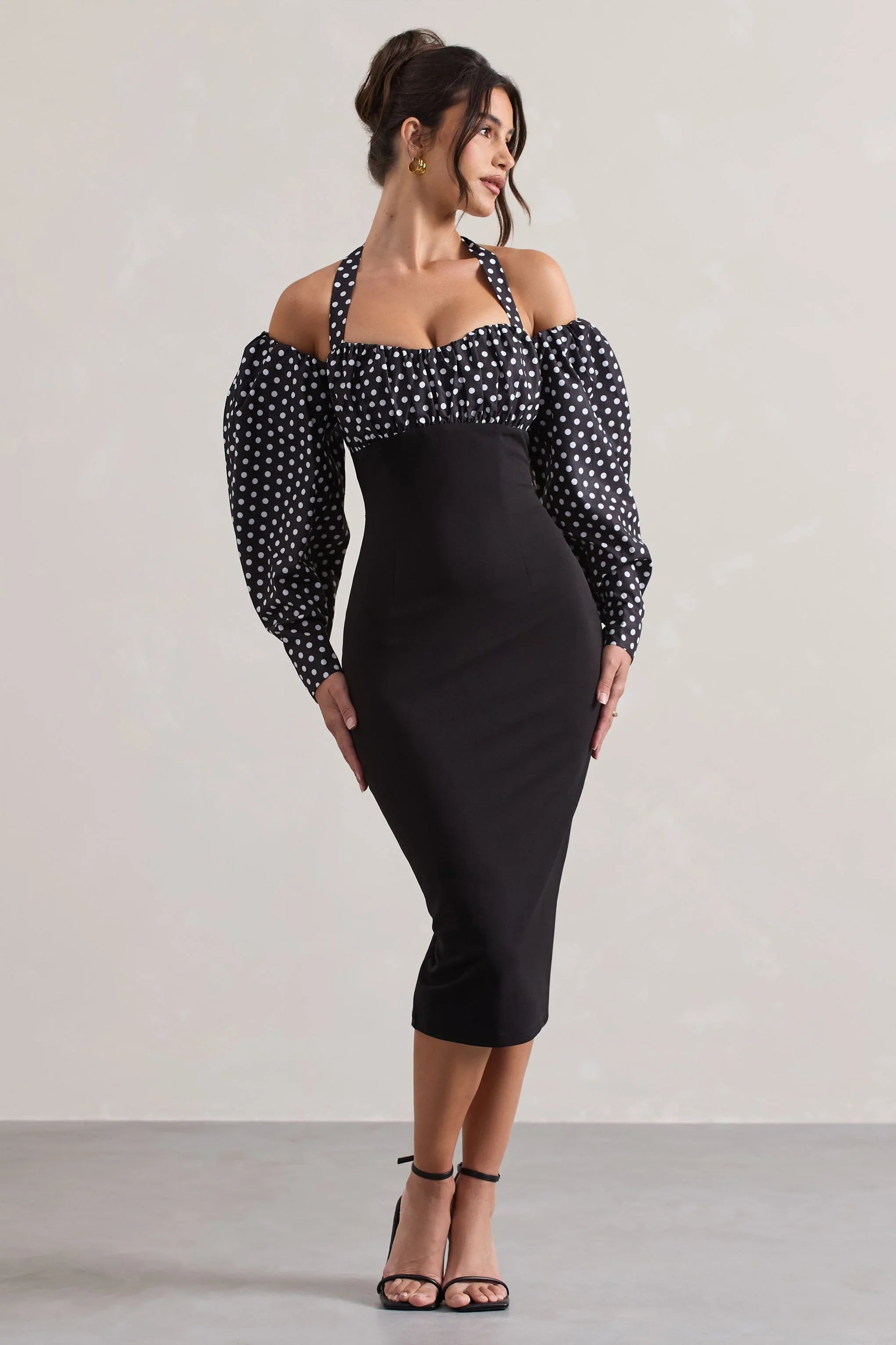 Couture Client Black White Polka Dot Halter Neck Puff Sleeve Midi Dress