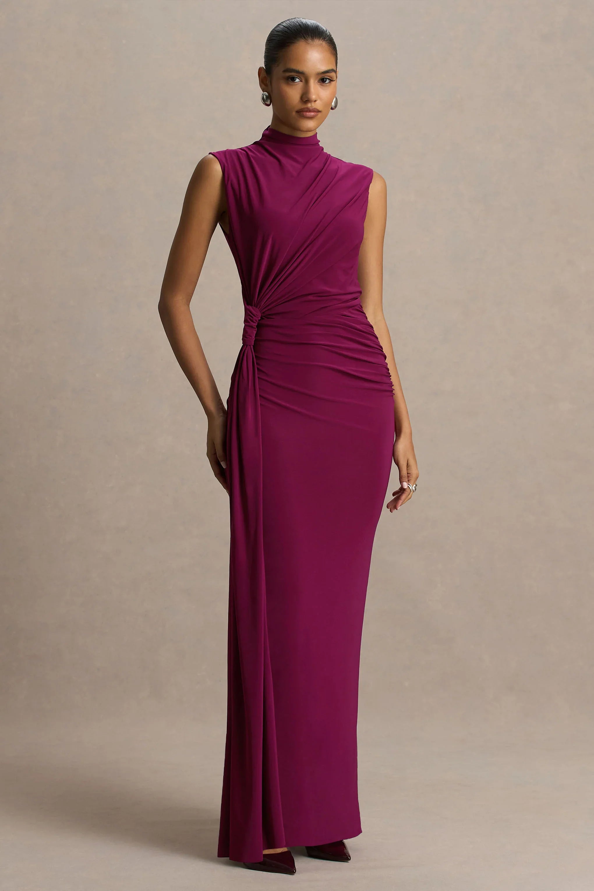Solene Burgundy High Neck Maxi Dress With Wrap And Drape Detail