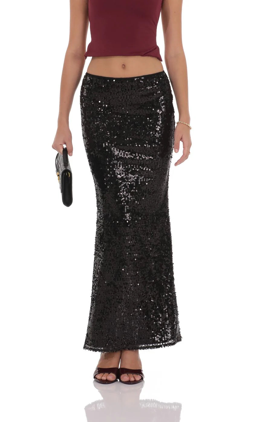 Sequin Maxi Skirt in Black