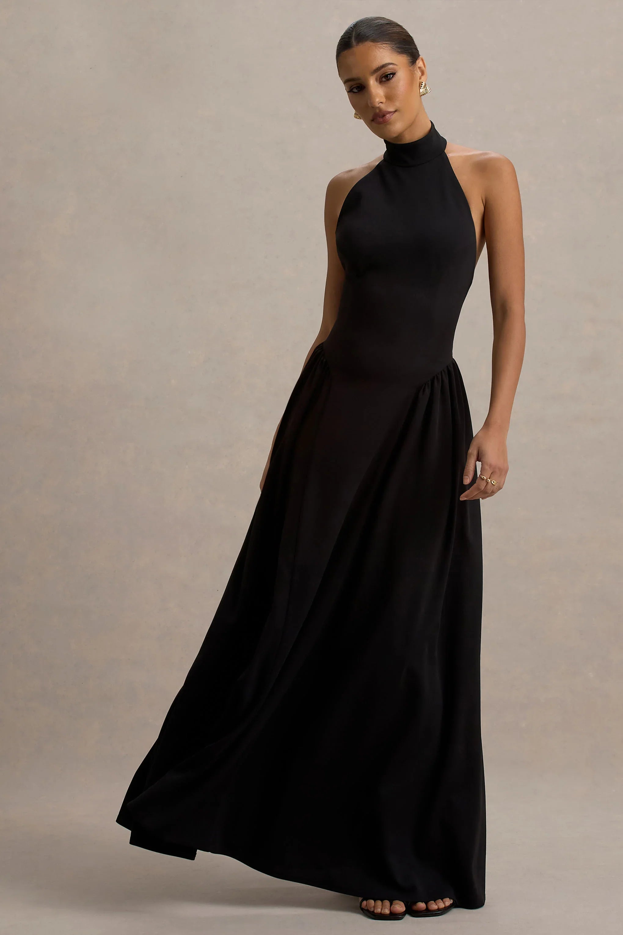 Cynthia Black High Neck Maxi Dress With Volume Skirt