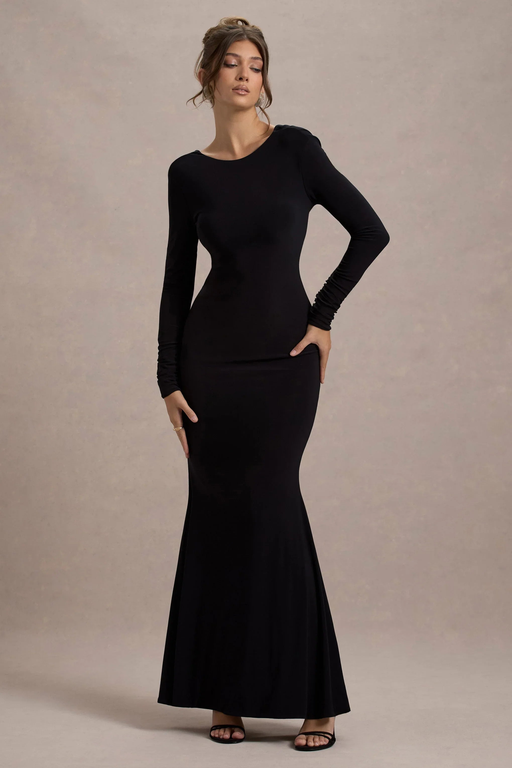 Rosalee Black Long Sleeve Cowl Back Maxi Dress With Bows