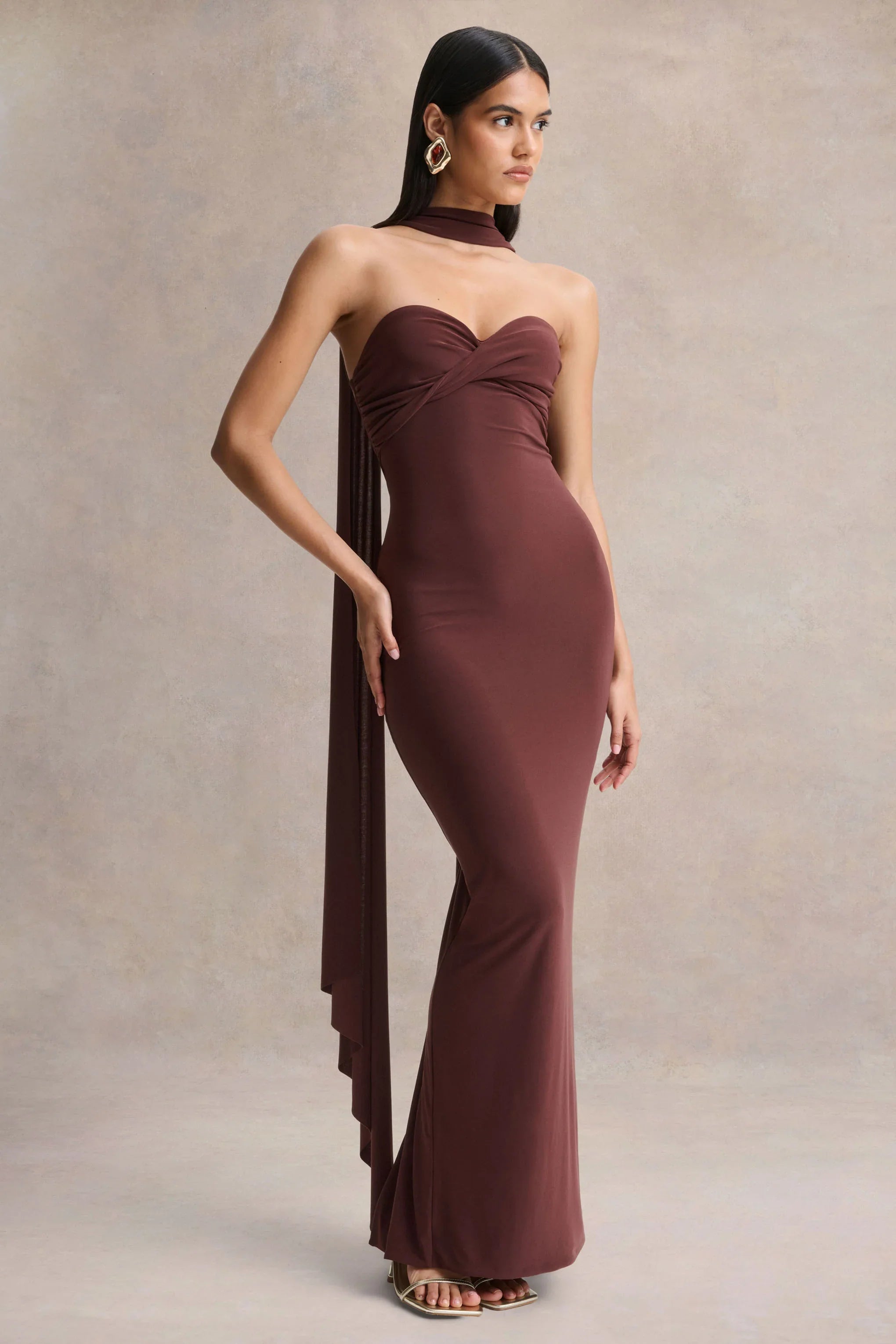 Sheila Dark Brown Bandeau Maxi Dress With Scarf Detail