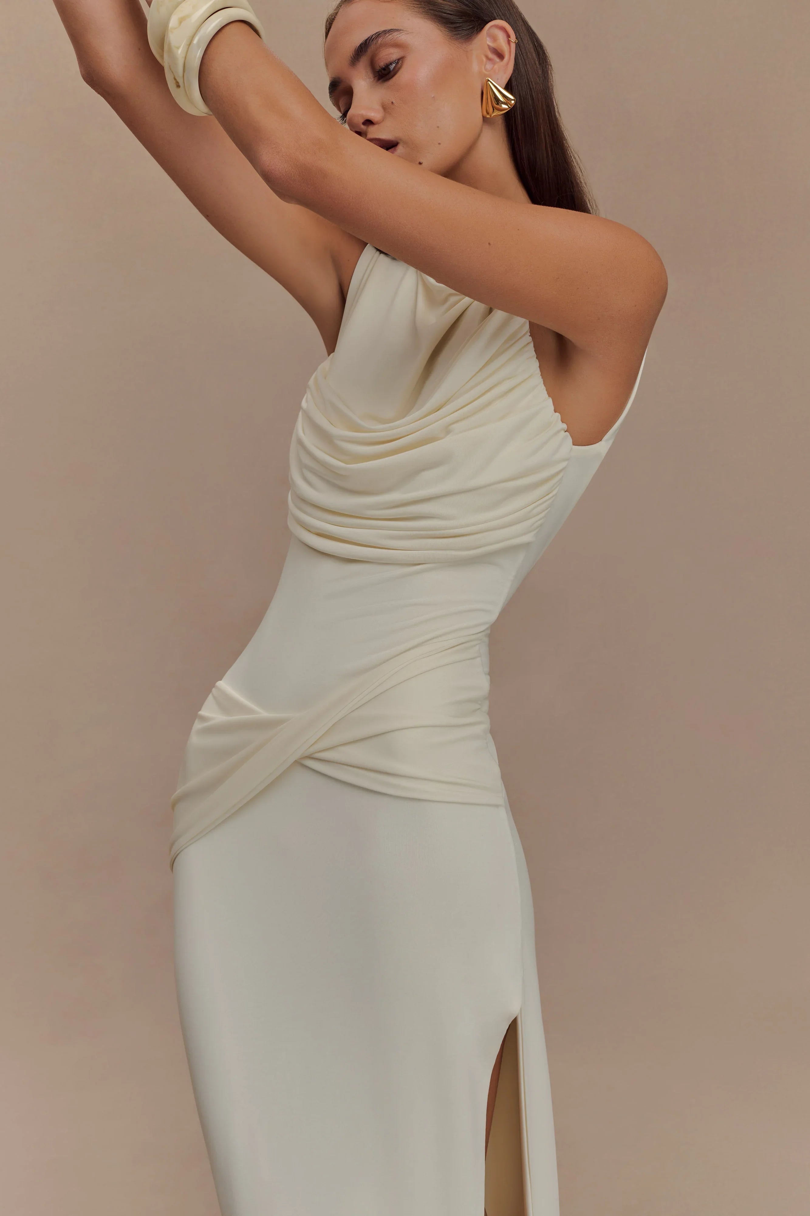 Henley Slinky Drape Maxi Dress Ivory