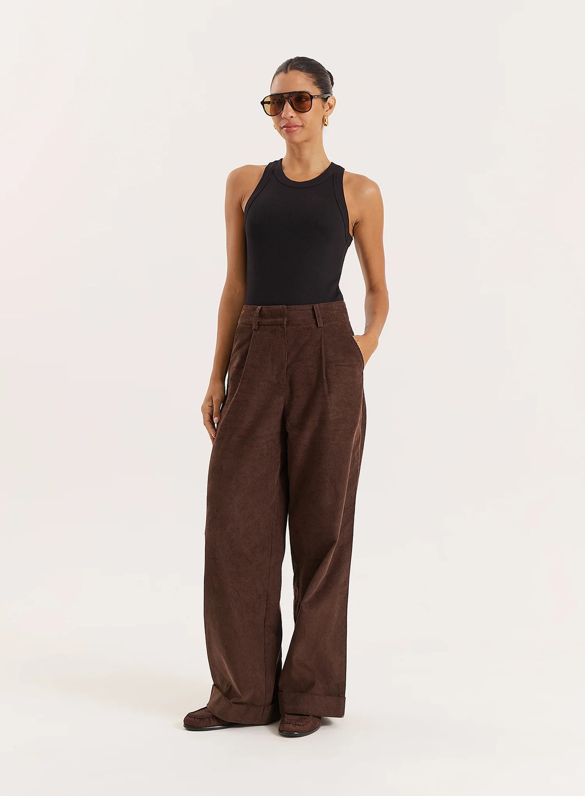 Chocolate Belted Turn Up Cord Wide Leg Trousers Hughes