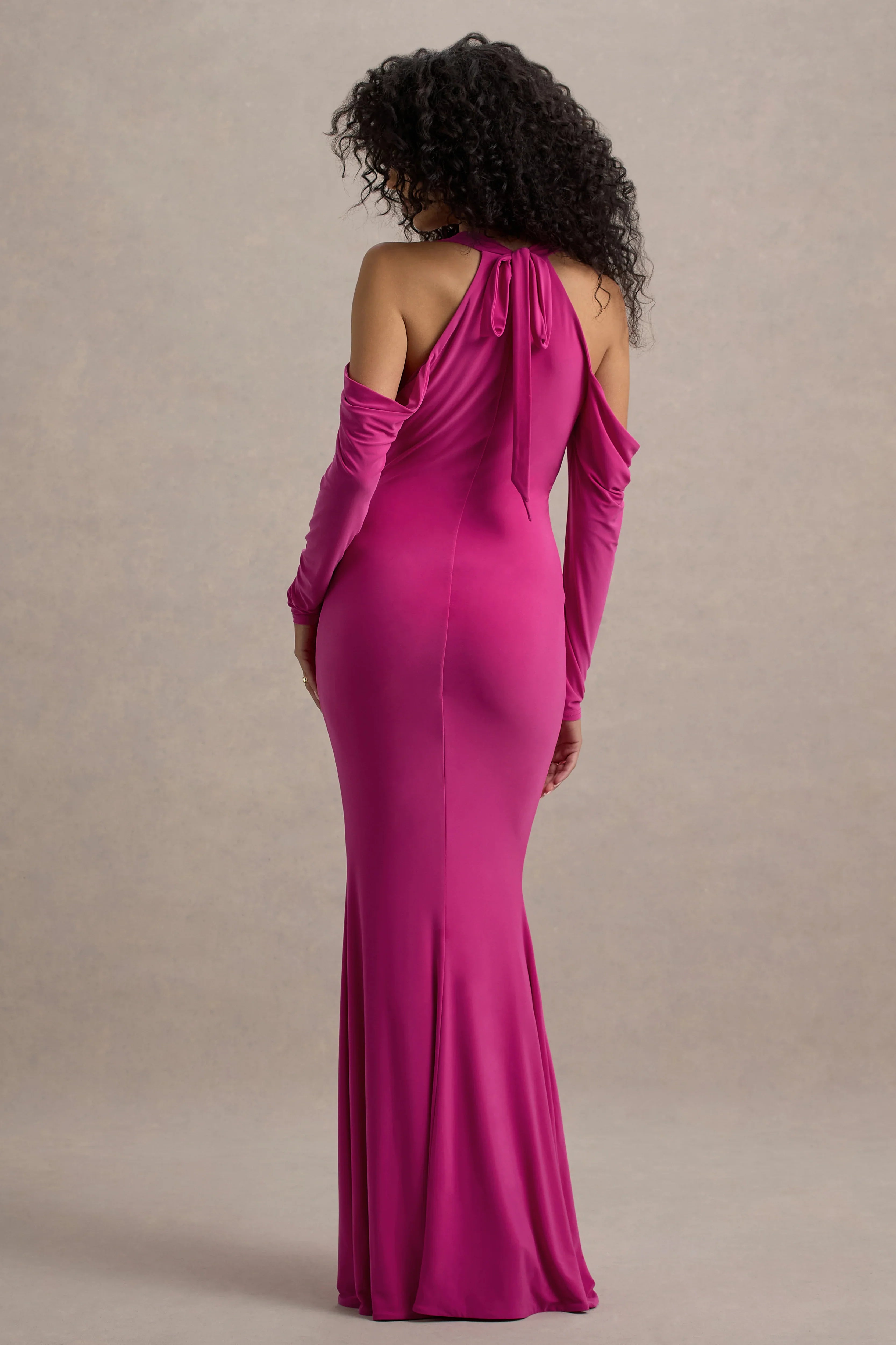 Hurghada Hot Pink Plunge Neck Long Sleeve Maxi Dress