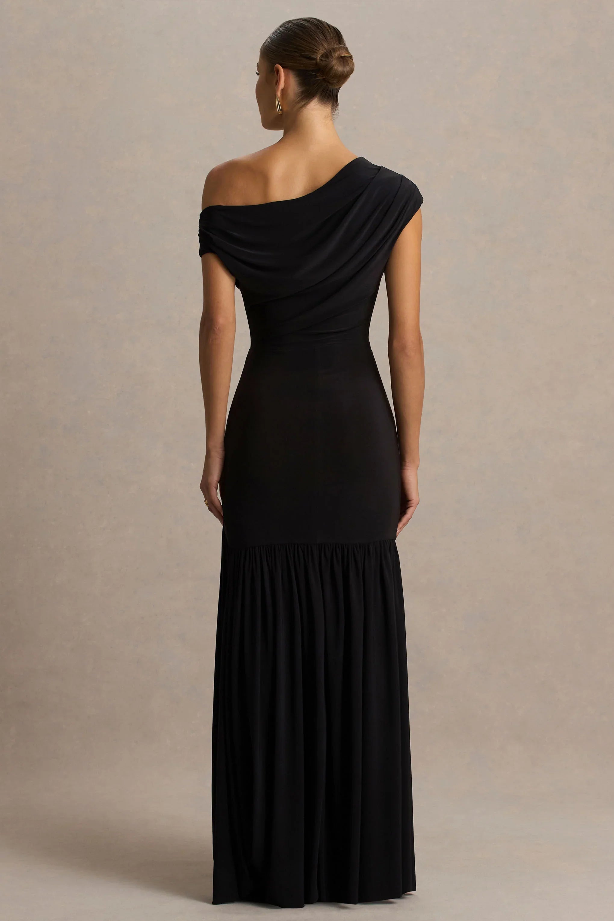 Kady Black Asymmetric Neck Maxi Dress With Ruched Detailing and Front High Split