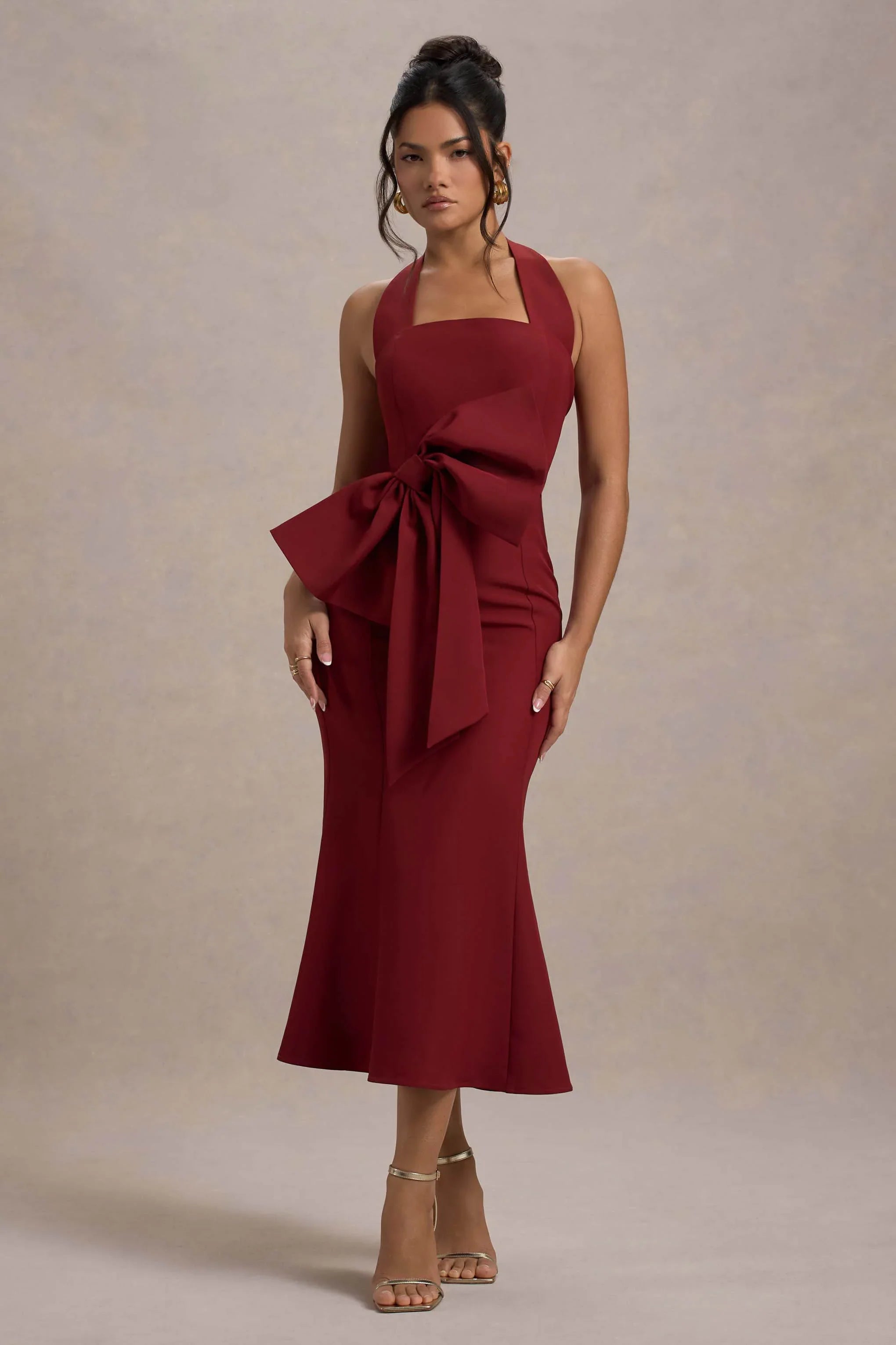 Aman Berry Halter Neck Midi Dress With Oversized Bow