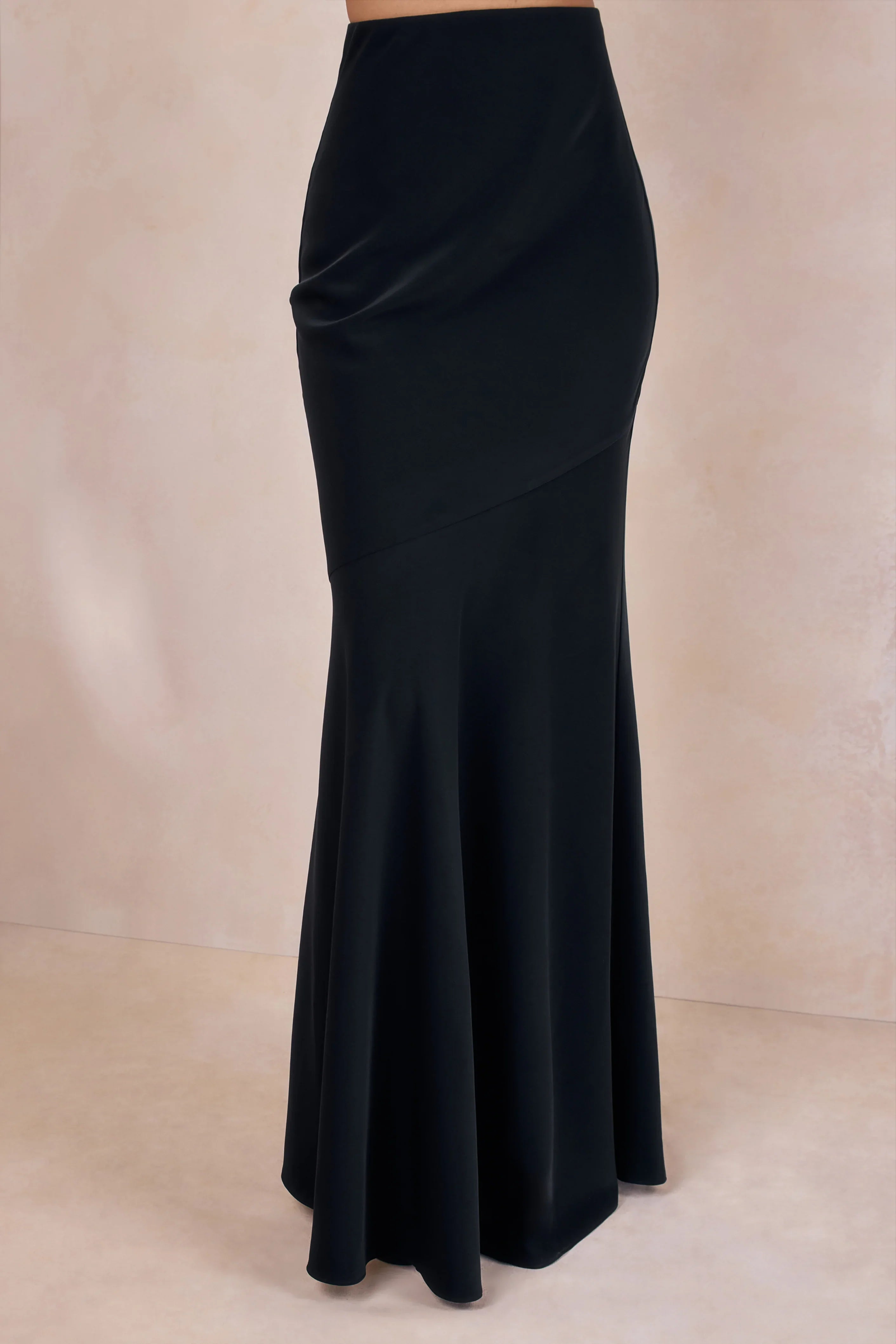 Vayla Black Matte Satin Asymmetric Drop Waist Maxi Skirt