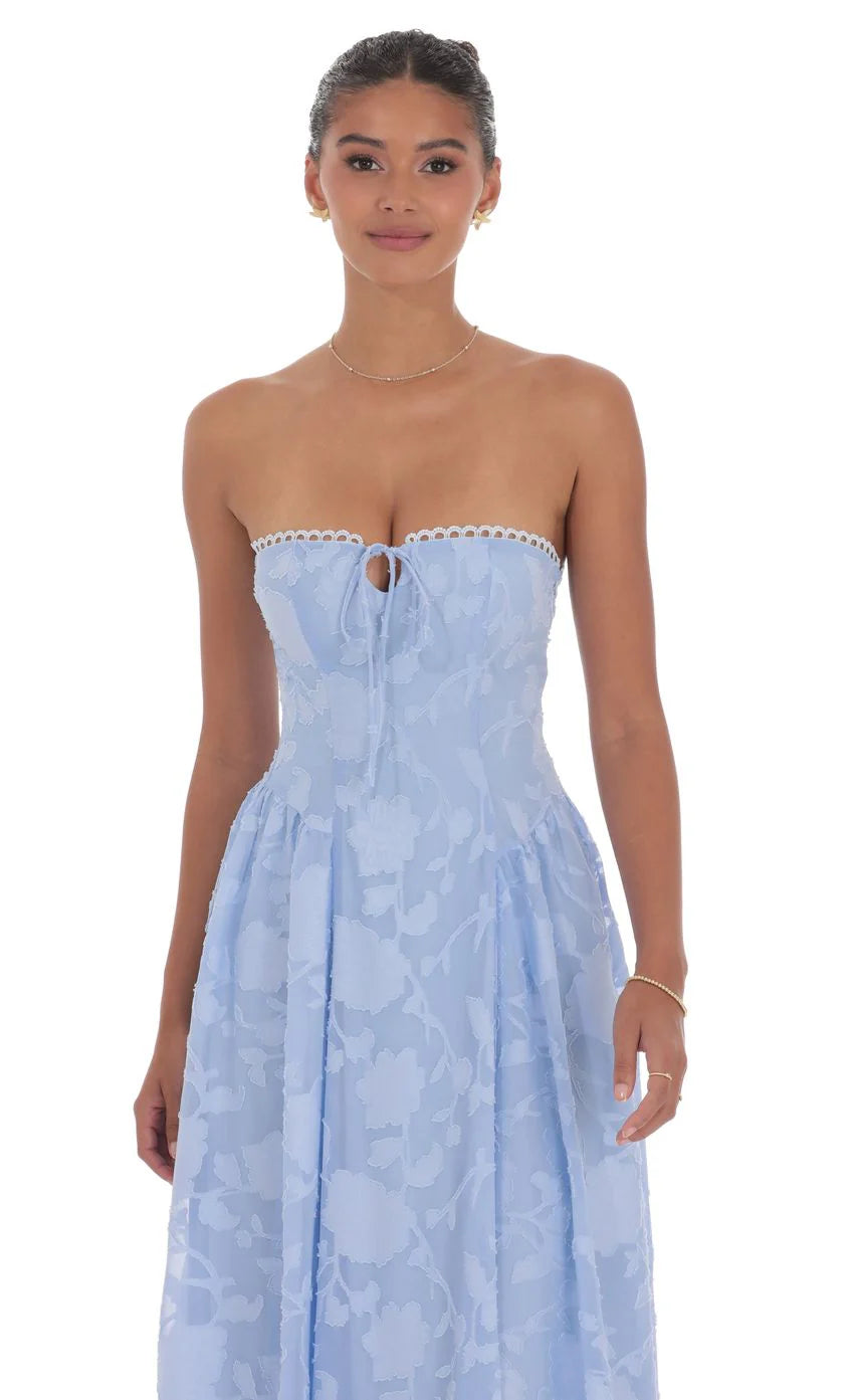 Floral Lace Up Maxi Dress in Light Blue