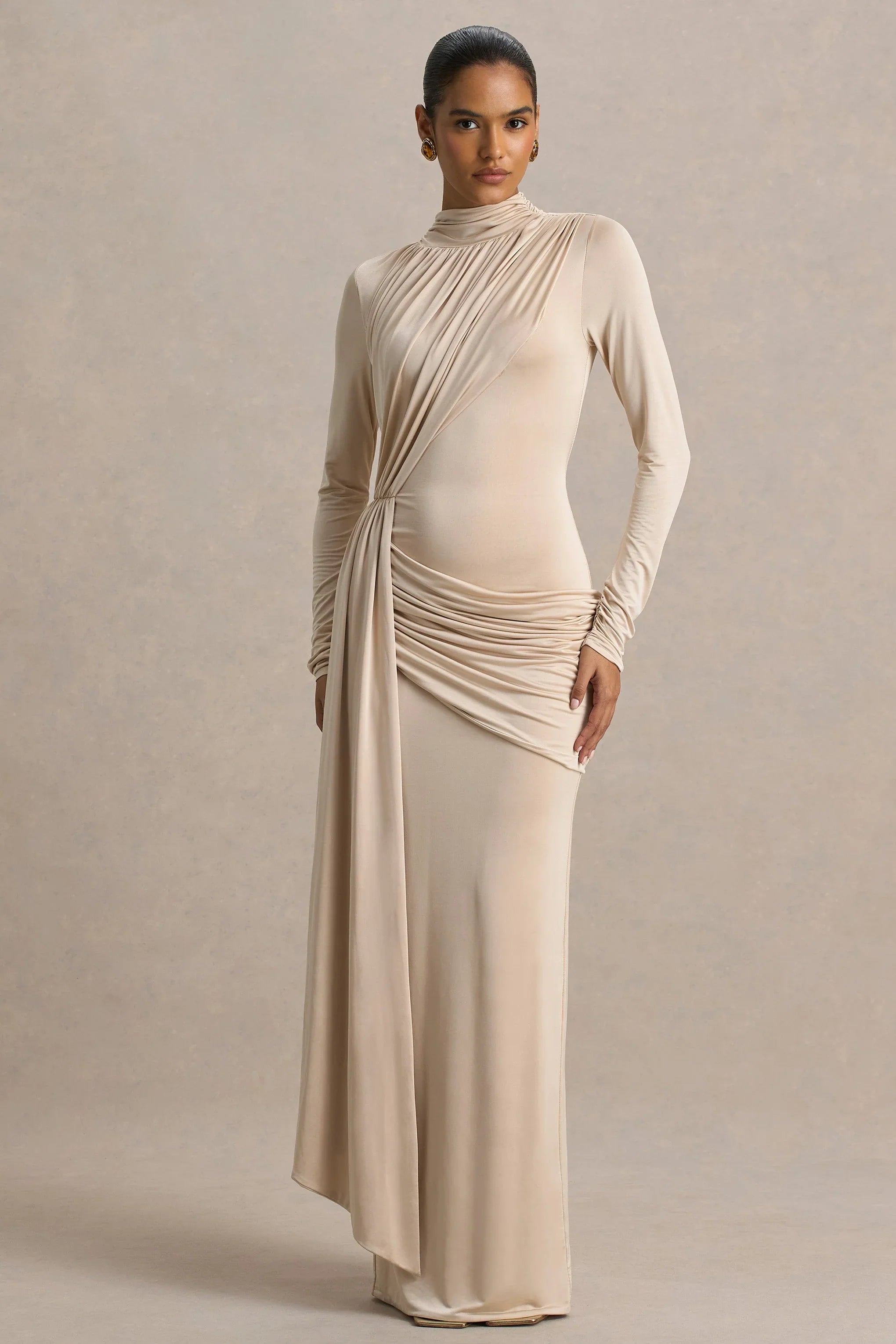 Romi Champagne High Neck Maxi Dress With Ruched Detailing