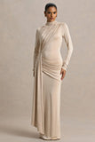 Romi Champagne High Neck Maxi Dress With Ruched Detailing